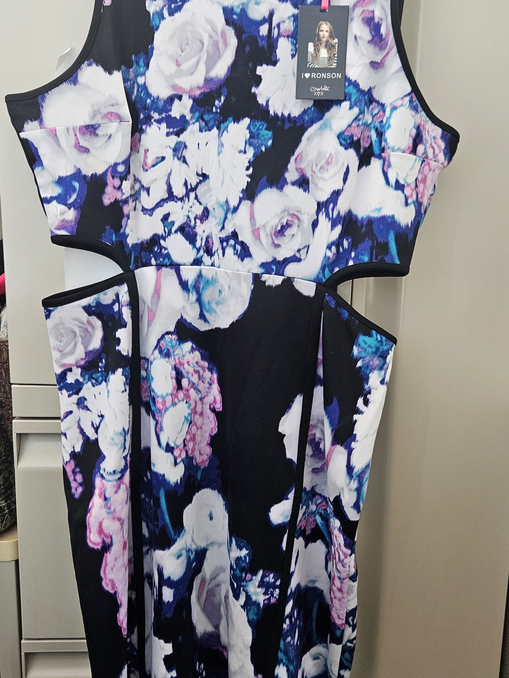 I Heart Ronson Black Floral Cutout Midi Dress with Purple and Pink Accents